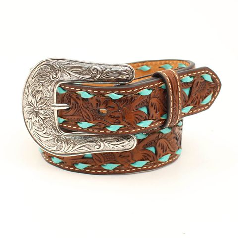 Girls' Brown Embossed with Turquoise Inlay Belt - N4439608